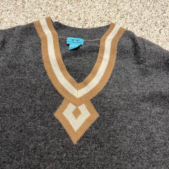 Two Bees Cashmere Sweater V Neck Sz S Stripe Gray Preppy Quiet Luxury Old Money - Picture 4 of 6